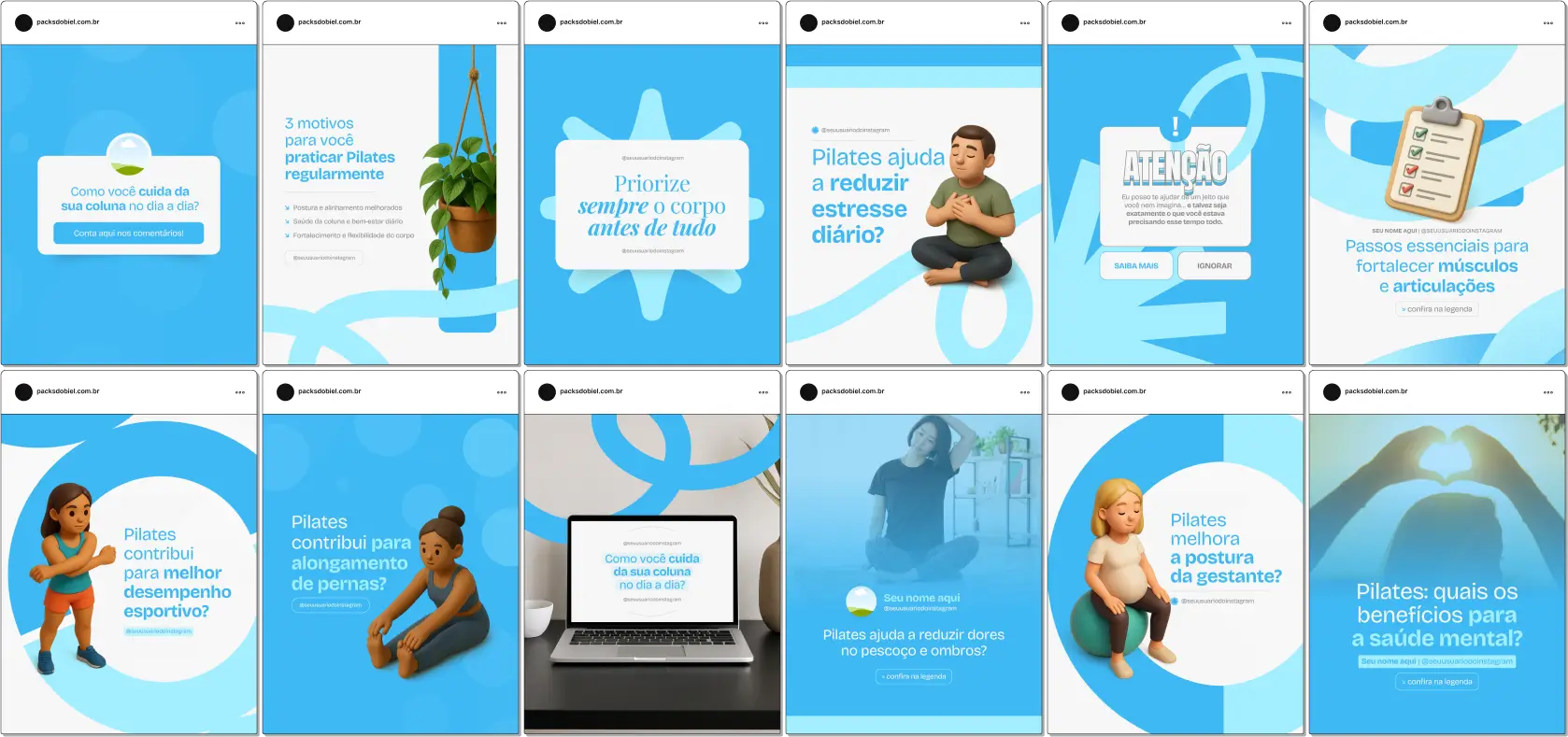 Pack Canva Pilates, Fisioterapia e Treinamento Funcional – Kit completo de posts editáveis no Canva, ideal para instrutores de Pilates, estúdios de Pilates e fisioterapeutas. Inclui materiais personalizados com conteúdos educativos sobre exercícios de Pilates, técnicas de respiração, alongamentos, fortalecimento muscular e dicas de bem-estar. Perfeito para criar um perfil de Instagram atrativo, engajar alunos, fortalecer sua presença digital e promover serviços de forma estratégica e profissional.