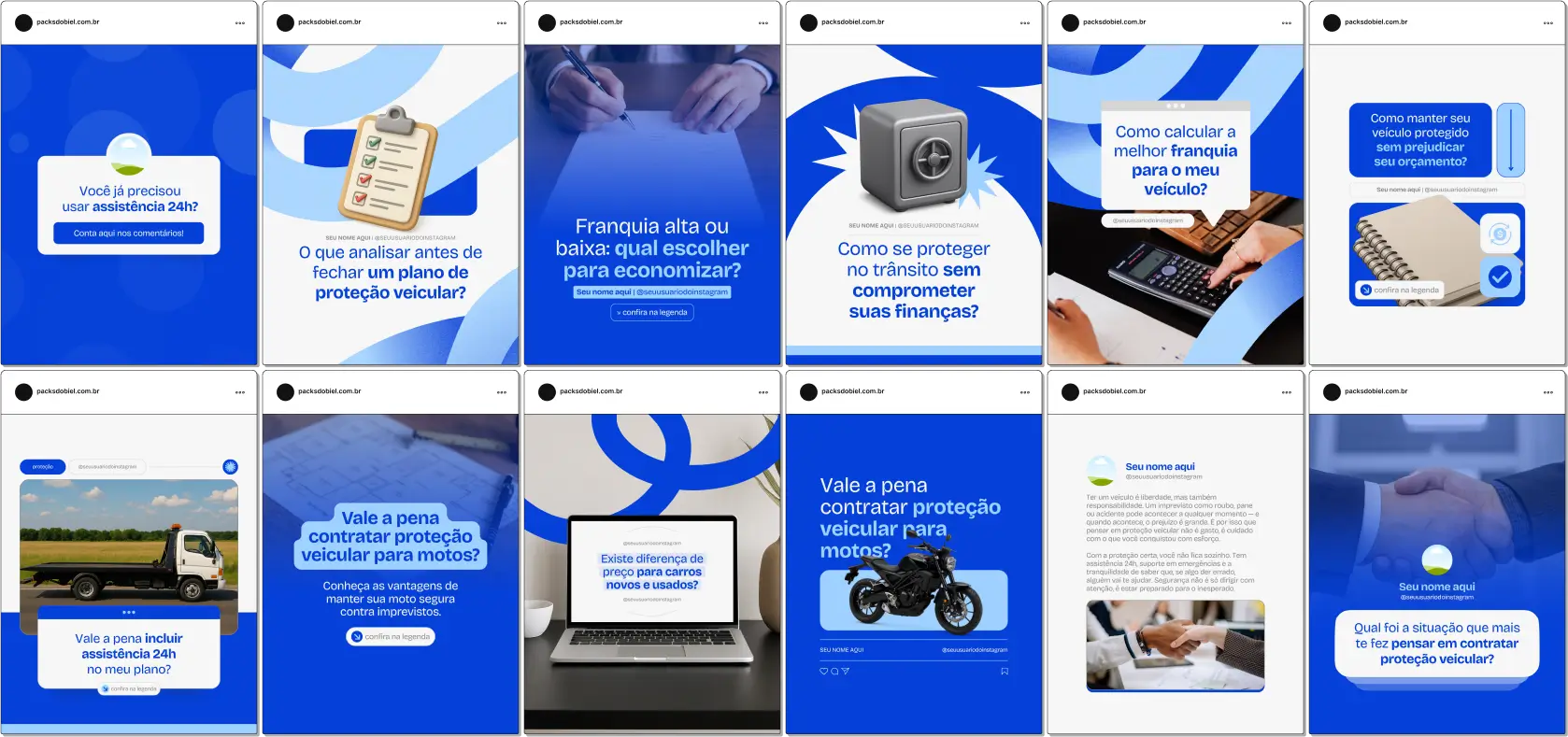 Pack Canva Proteção Veicular, Seguro de Automóvel e Consultoria de Seguros – Kit completo de posts editáveis no Canva, ideal para corretores, empresas de proteção veicular e consultores de seguros automotivos. Inclui materiais com conteúdos educativos sobre tipos de proteção, benefícios exclusivos, cobertura de danos, dicas de segurança e promoções de apólices. Ideal para engajar clientes, criar um perfil de Instagram envolvente e fortalecer sua presença digital.