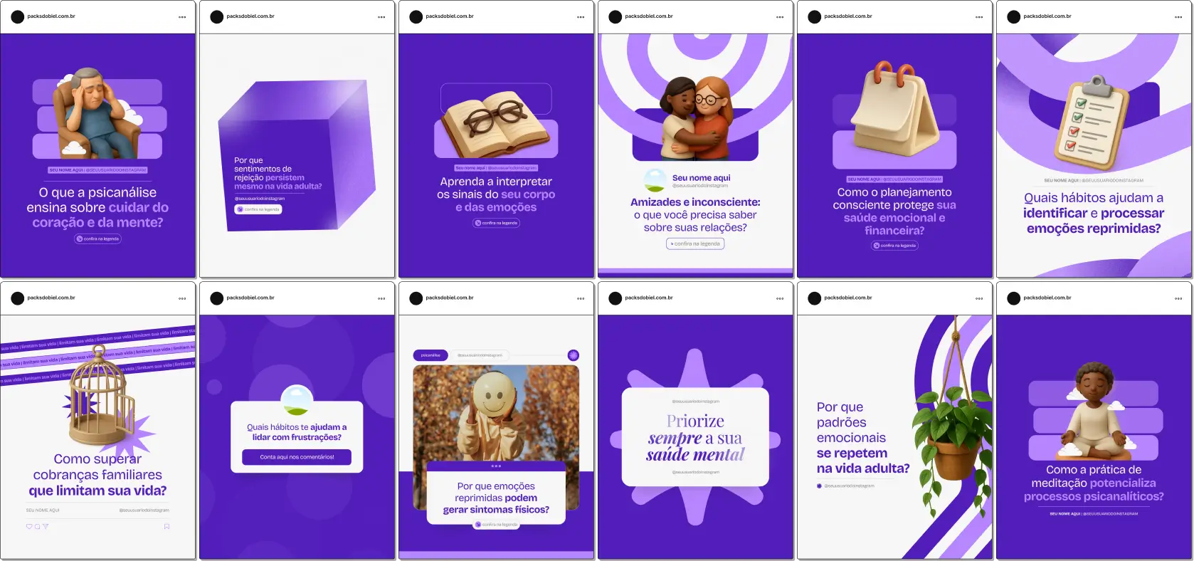 Pack Canva Psicanálise, Psicoterapia e Terapia Psicológica – Kit completo de posts editáveis no Canva, ideal para psicanalistas, psicólogos e terapeutas. Inclui materiais personalizados com conteúdos educativos sobre conceitos psicanalíticos, desenvolvimento emocional, técnicas terapêuticas e dicas para lidar com ansiedade, depressão e conflitos internos. Perfeito para criar um perfil de Instagram atrativo, engajar pacientes e fortalecer a presença digital de forma profissional.