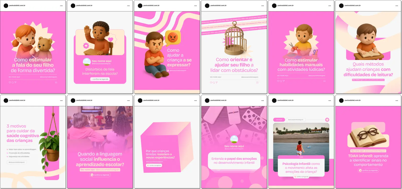 Pack Canva Psicologia Infantil, Ansiedade, Autocuidado e Prevenção – Kit completo de posts editáveis no Canva, voltado para psicólogos, clínicos e terapeutas. Inclui conteúdos sobre prevenção de ansiedade, manejo de emoções, hábitos saudáveis e apoio parental.