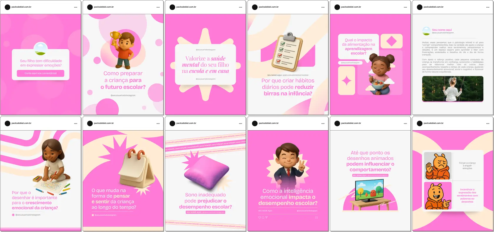 Pack Canva Psicologia Infantil, Psicopedagogia e Terapia Ocupacional – Kit completo de posts editáveis no Canva, ideal para psicólogos infantis, psicopedagogos e terapeutas ocupacionais. Inclui materiais personalizados com conteúdos educativos sobre desenvolvimento emocional, comportamento infantil, técnicas terapêuticas, estratégias de socialização e apoio a pais e cuidadores. Perfeito para criar um perfil de Instagram atrativo, engajar famílias e fortalecer sua presença digital no setor de saúde infantil e educação emocional.