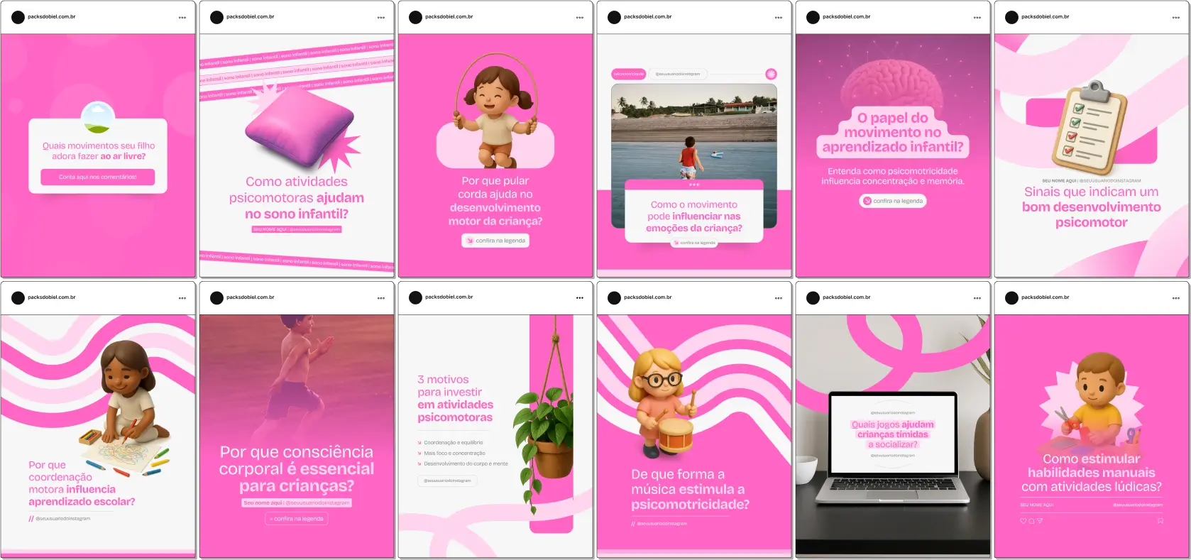 Pack Canva Psicomotricidade, Educação Infantil e Consultoria Pedagógica – Kit completo no Canva para psicomotricistas, pedagogos e consultores educacionais. Contém conteúdos sobre estimulação psicomotora, desenvolvimento global, técnicas de aprendizagem, atividades recreativas e promoção de serviços. Ajuda a criar um perfil de Instagram visualmente atrativo, gerar engajamento e fortalecer a autoridade digital de profissionais da área de psicomotricidade.