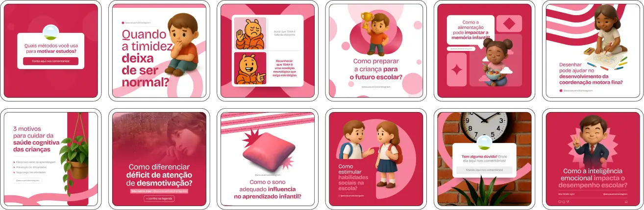 Pack Canva Psicopedagogia, Psicologia Educacional e Apoio Escolar – Kit completo de posts editáveis no Canva, ideal para psicopedagogos, pedagogos e orientadores educacionais. Inclui materiais personalizados com conteúdos educativos sobre desenvolvimento cognitivo, dificuldades de aprendizagem, estratégias pedagógicas, apoio emocional e orientação para pais e professores. Perfeito para criar um perfil de Instagram atrativo, engajar famílias e alunos e fortalecer sua presença digital no setor de educação especial.