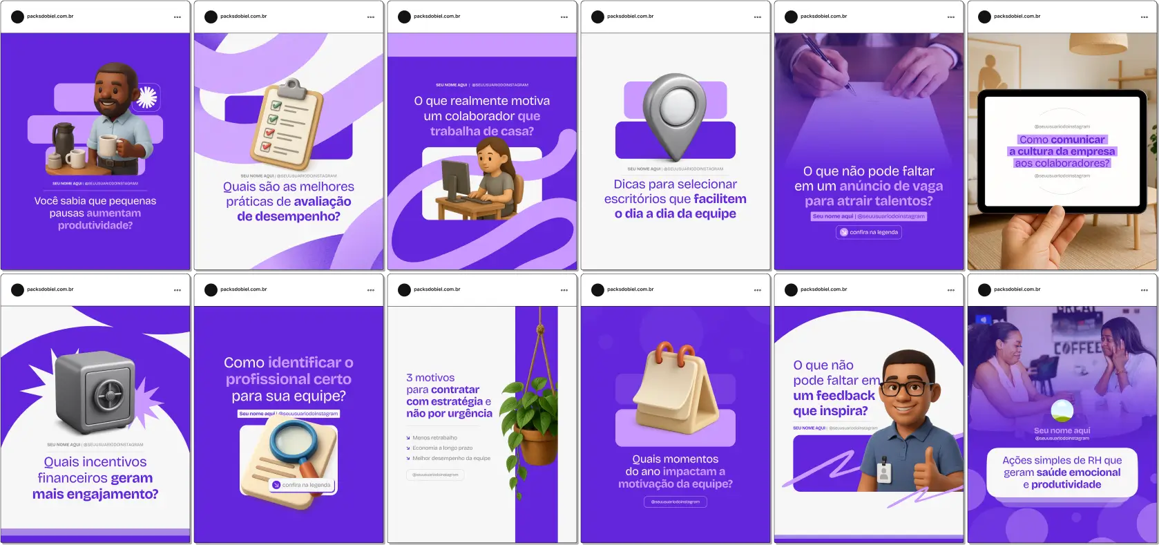 Pack Canva Recursos Humanos, Gestão de Pessoas e Consultoria Organizacional – Kit completo de posts editáveis no Canva, ideal para profissionais de RH, consultores organizacionais e gestores de talentos. Inclui materiais personalizados com conteúdos educativos sobre recrutamento e seleção, gestão de desempenho, desenvolvimento de colaboradores, clima organizacional e políticas internas. Perfeito para criar um perfil de Instagram atrativo, engajar empresas e profissionais, e fortalecer sua presença digital no setor de Recursos Humanos.