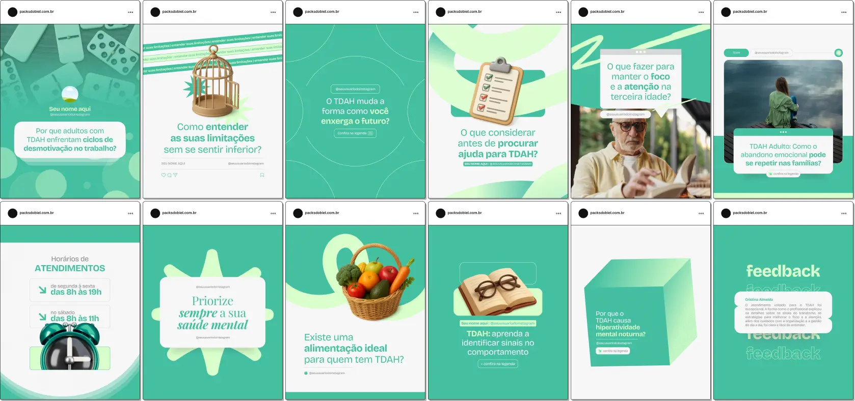 Pack Canva TDAH Adulto, Desenvolvimento Pessoal e Gestão de Rotina – Kit de posts editáveis no Canva, ideal para profissionais que atuam com TDAH e coaching para adultos. Contém conteúdos sobre técnicas de organização, planejamento, foco no trabalho, controle emocional, hábitos produtivos e dicas práticas para rotina diária. Ideal para criar um perfil de Instagram educativo, engajar seguidores e orientar adultos com TDAH.