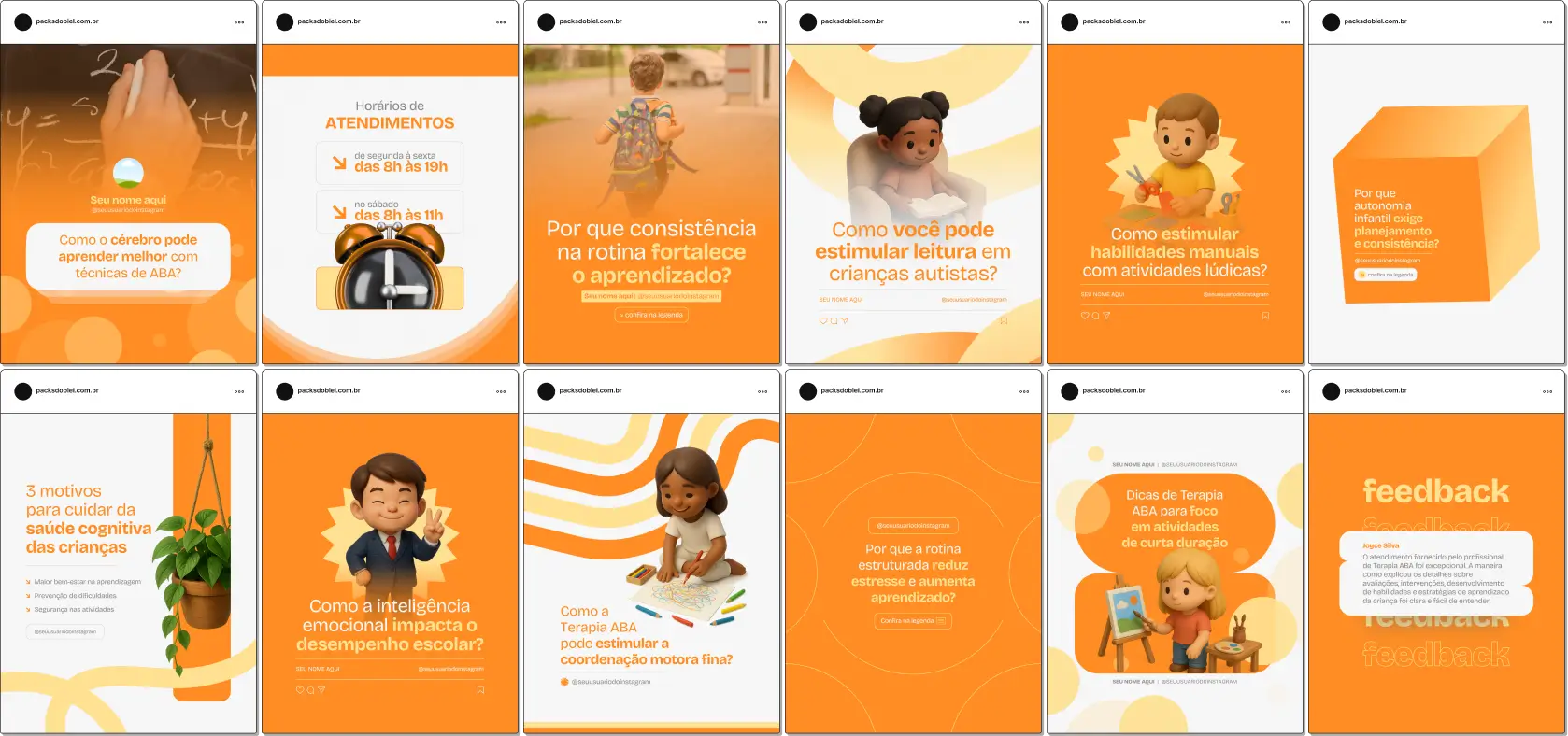 Pack Canva Terapia ABA, Autismo e Desenvolvimento Infantil – Kit de posts editáveis no Canva, ideal para terapeutas ABA, psicólogos, fonoaudiólogos e clínicas multidisciplinares. Inclui materiais personalizados com conteúdos educativos sobre Análise do Comportamento Aplicada, estímulos positivos, rotina terapêutica, e evolução no tratamento do TEA. Perfeito para criar um perfil de Instagram informativo, engajar famílias e fortalecer a presença digital profissional.