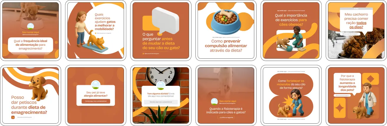 Posts para veterinários com conteúdos no Canva sobre saúde preventiva e cuidados com pets