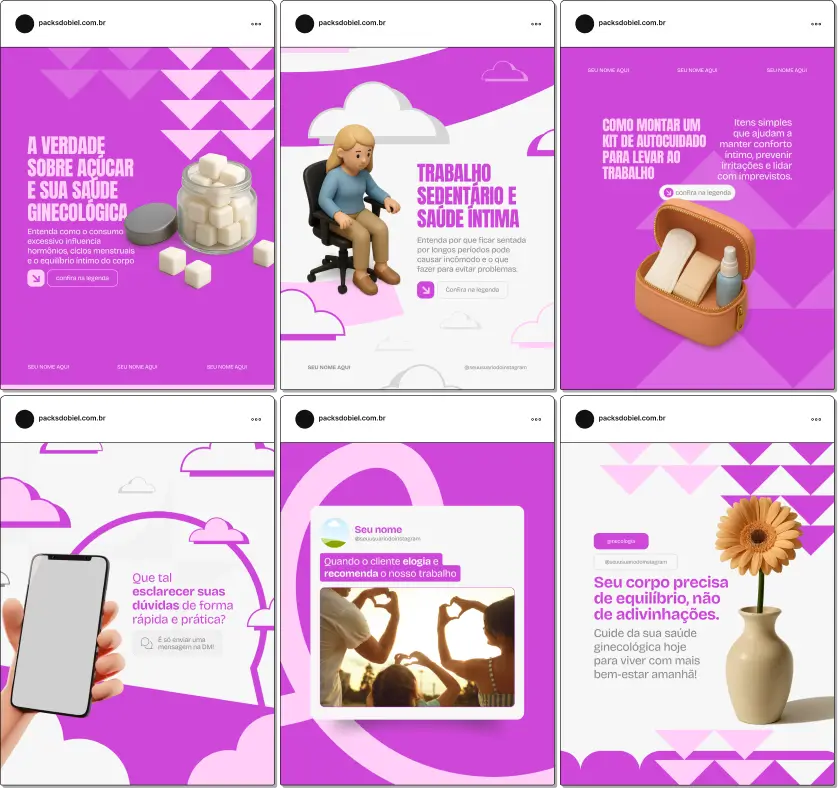 Pack de templates para Instagram em Canva para ginecologistas, com posts educativos sobre cuidados com a saúde da mulher, sinais de alerta e orientação clínica. Ajuda a reforçar autoridade e engajar seguidores.