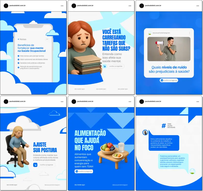 Pack de templates editáveis no Canva para profissionais que querem orientar empresas e funcionários sobre hábitos saudáveis, ergonomia, pausas ativas e redução de doenças ocupacionais, fortalecendo autoridade digital.