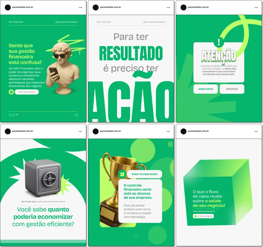 Kit de posts e templates editáveis no Canva sobre BPO Financeiro, Controladoria e Gestão Contábil, com conteúdos informativos sobre fluxo de caixa, planejamento financeiro e controle de despesas. Ideal para criar um perfil de Instagram educativo e profissional.