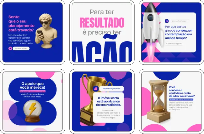 Pack de templates editáveis no Canva para Consórcio Imobiliário, com foco em temas como contemplação, planejamento financeiro, grupos de consórcio, uso da carta e vantagens de investir em imóvel. Perfeito para perfis que desejam transmitir clareza e profissionalismo.