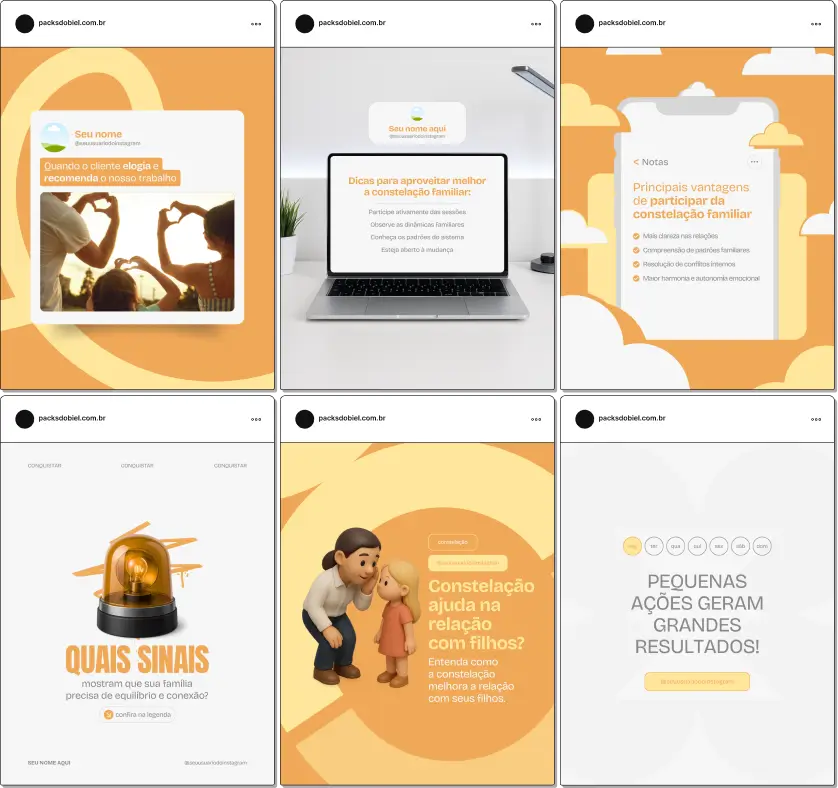 Pack de templates editáveis no Canva para Constelação Familiar, voltado para conteúdos sobre harmonia familiar, equilíbrio emocional, comunicação entre membros da família e resolução de conflitos. Perfeito para perfis que querem transmitir clareza e profissionalismo.