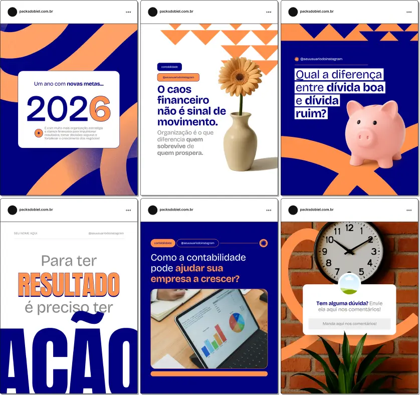 Kit de posts e conteúdos prontos no Canva sobre Contabilidade, com artes profissionais e templates editáveis voltados para contadores, analistas fiscais, consultores financeiros e gestores de empresas, com temas sobre contabilidade empresarial, fluxo de caixa, tributos e finanças pessoais, perfeito para ampliar o engajamento e autoridade nas redes sociais.