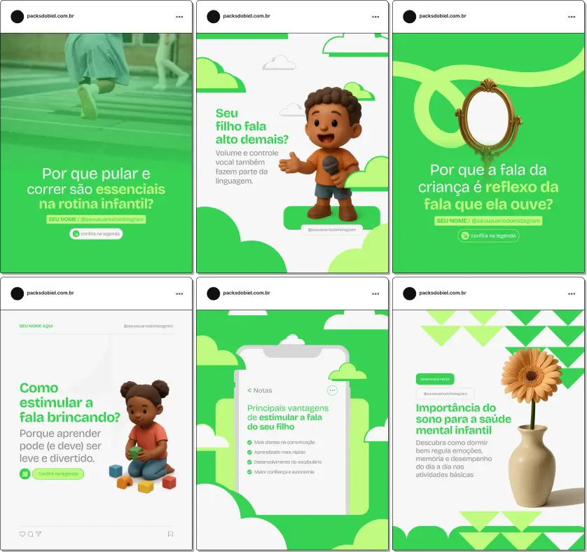 Pack de artes prontas no Canva voltado para desenvolvimento infantil, com temas sobre linguagem, comportamento, autonomia e brincadeiras que estimulam aprendizagem, ajudando profissionais a manter um perfil claro e profissional.