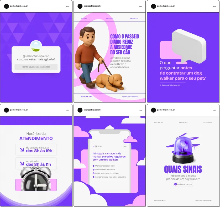 Pack de posts editáveis no Canva para profissionais de Dog Walking, usando palavras-chave como passeio seguro, cuidados básicos, energia do cão, rotina ativa e confiança do tutor. Perfeito para fortalecer a presença digital com clareza e profissionalismo.