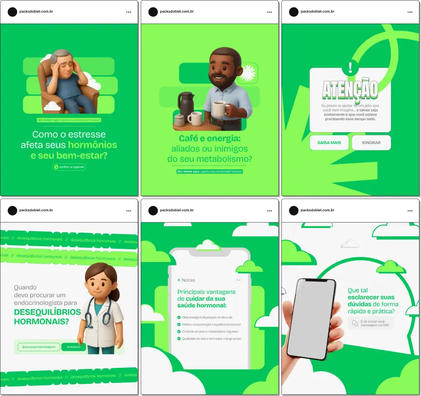 Pack de posts editáveis e artes no Canva para Endocrinologia, voltado para profissionais de saúde, consultórios e clínicas especializadas, que desejam organizar o perfil do Instagram, aumentar engajamento e reforçar a presença digital de forma estratégica.