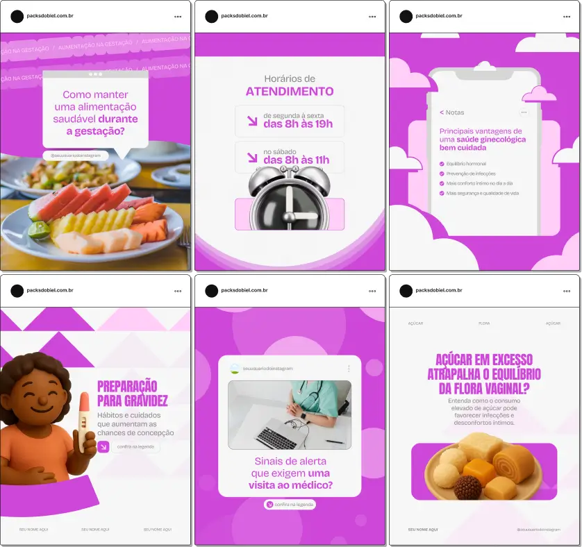 Pack de posts e templates editáveis no Canva para ginecologistas, com conteúdo educativo sobre saúde feminina, prevenção, exames e consultas. Ideal para organizar o feed do Instagram, aumentar engajamento e transmitir profissionalismo.
