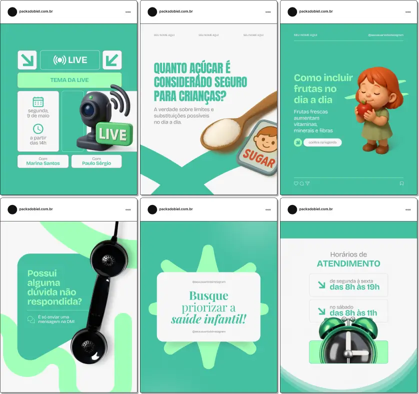 Pack de artes prontas no Canva voltado para nutrição no autismo, com conteúdos sobre avaliação nutricional, introdução de novos alimentos, suplementação e sinais digestivos, ideal para organizar o perfil no Instagram.