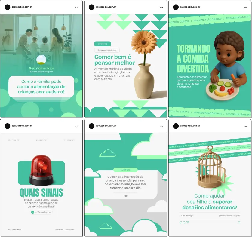 Pack de templates editáveis no Canva para nutricionistas que orientam famílias sobre desafios alimentares, comportamentos durante as refeições, texturas e preferências, fortalecendo autoridade e engajamento.