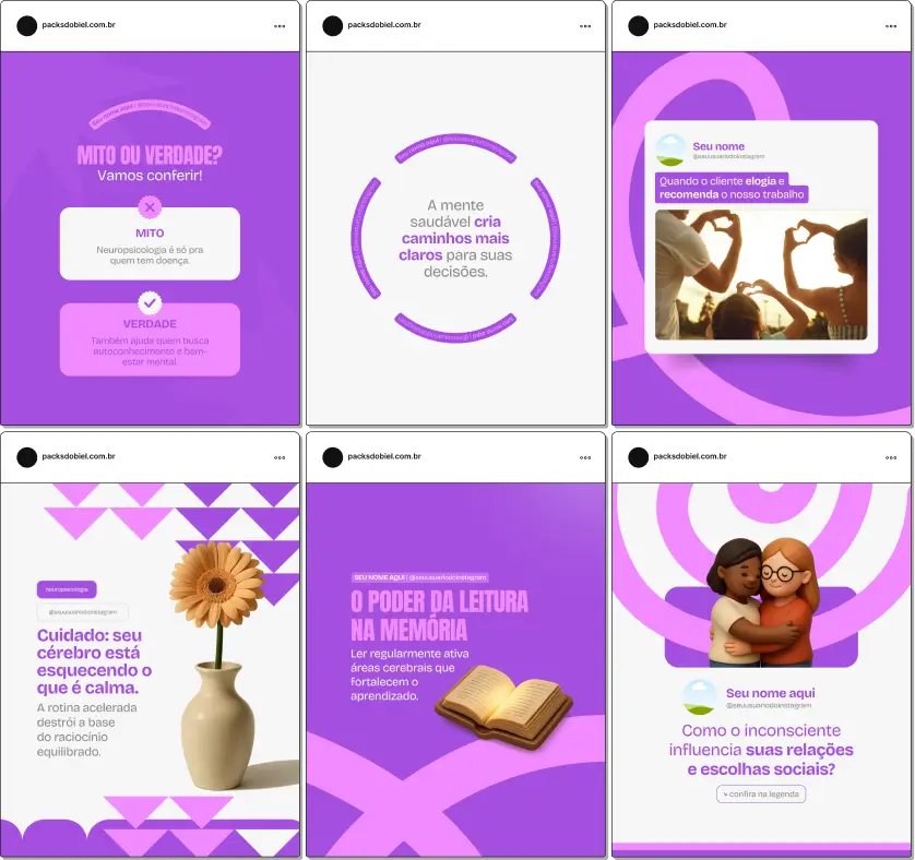 Pack de posts e artes no Canva para Neuropsicologia, voltado para profissionais da psicologia, neuropsicologia e saúde mental, que desejam organizar o perfil do Instagram, aumentar o engajamento e transmitir credibilidade por meio do design e da comunicação visual.