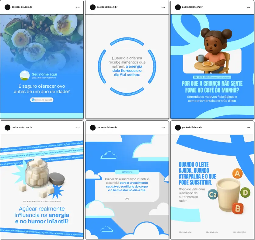 Pack de artes editáveis no Canva para Nutrição Infantil, com foco em alimentação saudável, refeições para crianças, educação nutricional, organização do cardápio e bem-estar infantil. Ideal para perfis que querem comunicar informação de forma acessível e profissional.