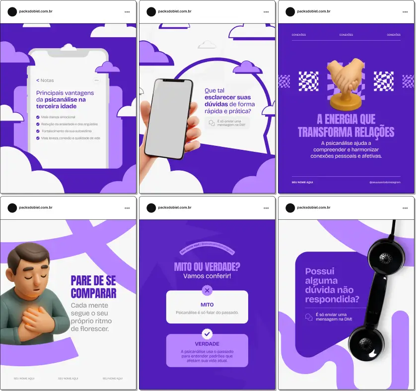 Pack de posts e artes editáveis no Canva para Psicanálise, com foco em saúde emocional, autoconhecimento, escuta clínica, inconsciente, vínculos e reflexões sobre comportamento humano. Ideal para psicanalistas que desejam organizar o feed com conteúdo educativo e visual profissional.