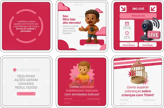 Pack de posts editáveis no Canva para psicopedagogos, com conteúdos sobre dificuldades de aprendizagem, estratégias de ensino, acompanhamento individual e orientação aos pais, criando um feed educativo e profissional.