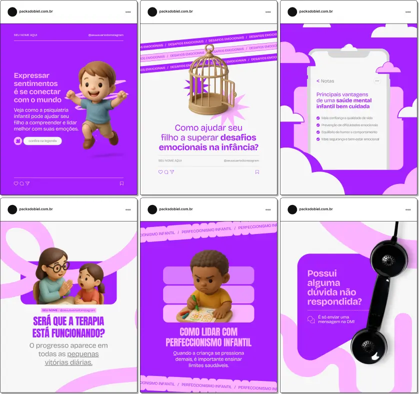 Pack de templates editáveis no Canva para profissionais de psiquiatria infantil que orientam famílias sobre ansiedade, TDAH, crises emocionais e manejo de comportamento, ajudando a criar um perfil confiável e organizado.
