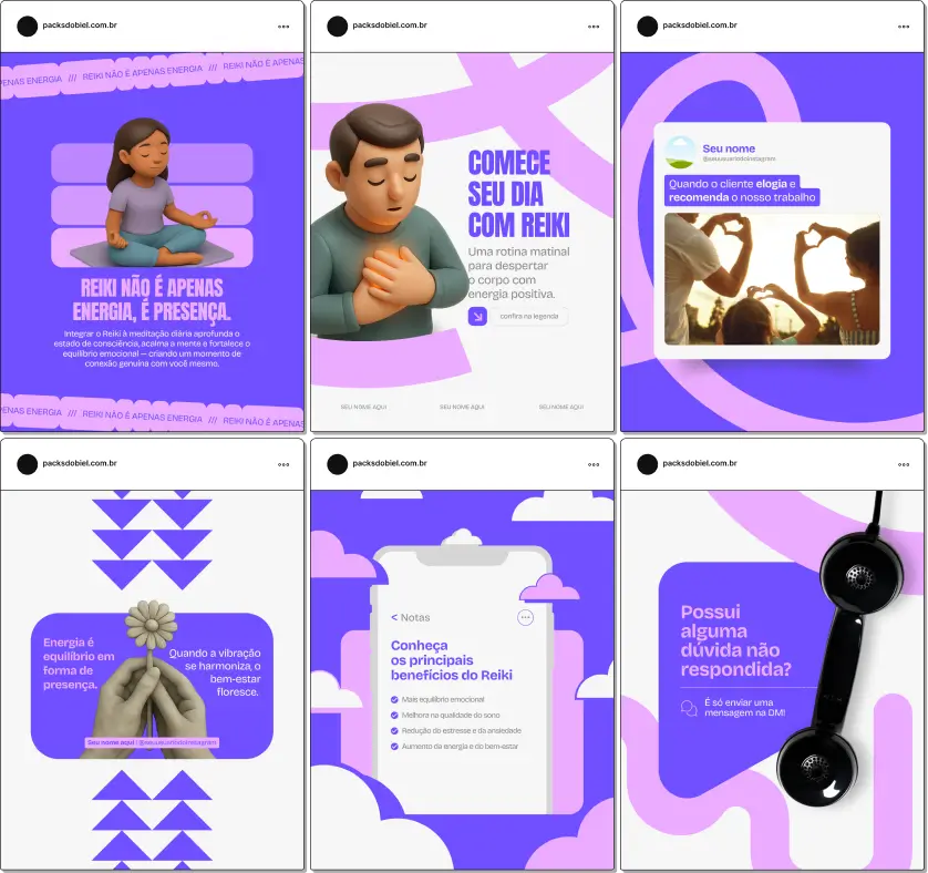 Kit de posts e templates no Canva para Reiki, com materiais personalizáveis e design espiritual e moderno, desenvolvido para profissionais de Reiki, terapeutas integrativos e centros holísticos que buscam transmitir energia, sabedoria e credibilidade no Instagram e nas redes sociais.