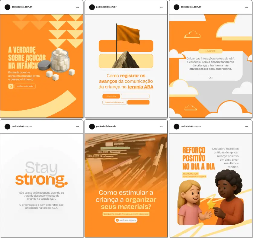 Pack de templates editáveis no Canva para ABA, voltado para conteúdos sobre reforço positivo, planejamento de sessões, desenvolvimento social e comunicação funcional. Perfeito para terapeutas que querem transmitir clareza e profissionalismo no Instagram.