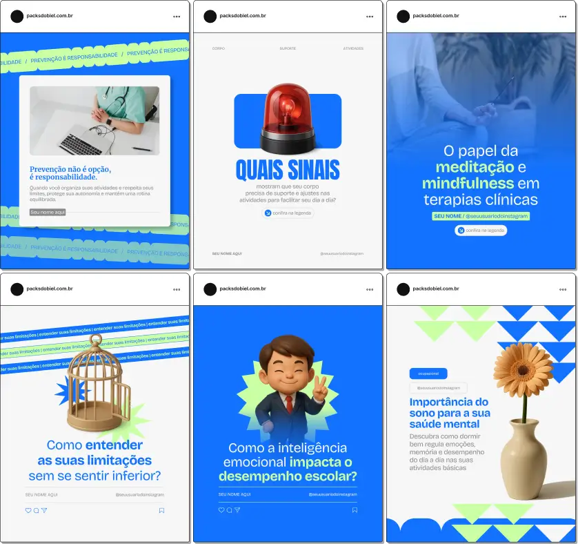 Pack de artes editáveis no Canva para profissionais de terapia ocupacional que produzem conteúdo sobre estímulos motores, adaptação de rotina, habilidades cognitivas e inclusão, mantendo um visual claro e organizado no Instagram.