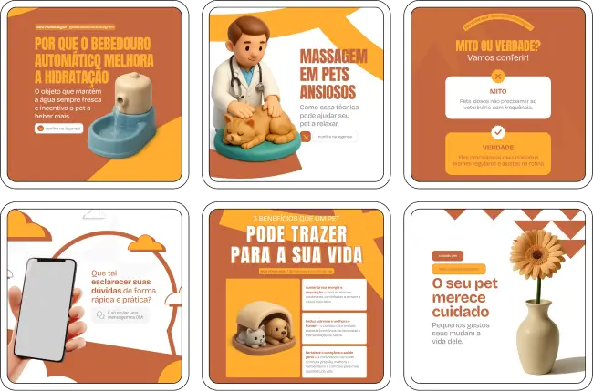 Kit de veterinário com posts sobre cuidados clínicos e bem-estar de cães e gatos