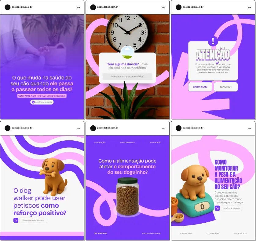 Pack de posts e artes editáveis no Canva para Dog Walker, com palavras-chave como rotina de passeios, bem-estar pet, enriquecimento ambiental e cuidados diários com cães. Ideal para profissionais que querem um feed organizado e confiável no Instagram.