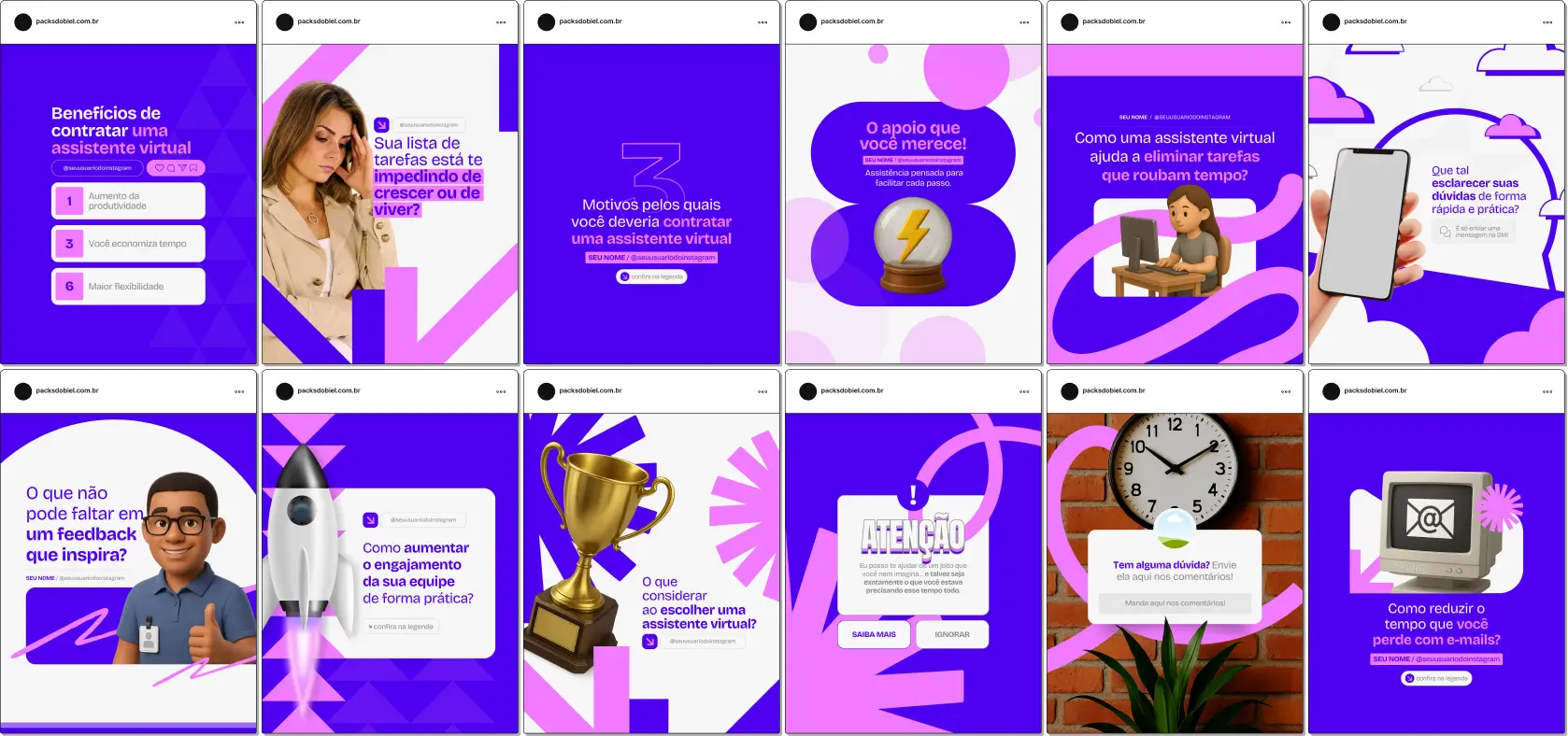 Pack de artes prontas no Canva para assistentes virtuais, incluindo dicas sobre atendimento ao cliente, gerenciamento de e-mails, rotinas de trabalho remoto e automação, ideal para engajar seguidores e manter perfil organizado.