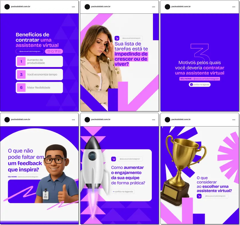 Pack de templates editáveis no Canva para profissionais que trabalham como assistente virtual, com posts sobre estratégias de organização, produtividade, ferramentas digitais e comunicação eficiente, fortalecendo autoridade no Instagram.