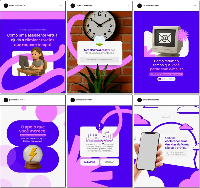 Pack de posts editáveis no Canva para assistentes virtuais, com conteúdos sobre organização de tarefas, gestão de agenda, produtividade e ferramentas digitais, ajudando a criar um feed profissional e educativo.