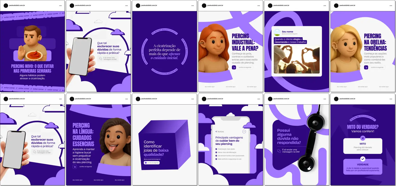 Kit de posts e templates no Canva para Body Piercing, com designs personalizados e editáveis, criado para estúdios de piercing, profissionais da área e artistas corporais que buscam divulgar serviços, criar autoridade e destacar o perfil no Instagram com uma identidade visual marcante.