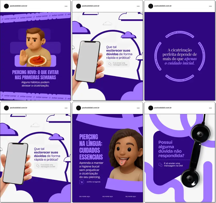Pack de posts e artes no Canva para Body Piercing, desenvolvido para piercers e estúdios de modificação corporal, que desejam organizar o feed do Instagram, gerar engajamento e comunicar seus serviços de forma profissional e visualmente impactante.