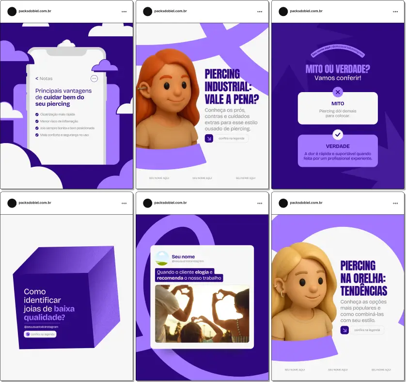 Imagem de um Pack Canva Body Piercing, com posts, templates e artes editáveis para Instagram e redes sociais, ideal para piercers profissionais, estúdios de piercing e body art, que desejam fortalecer a presença digital, atrair clientes e manter um perfil visualmente moderno e estiloso.