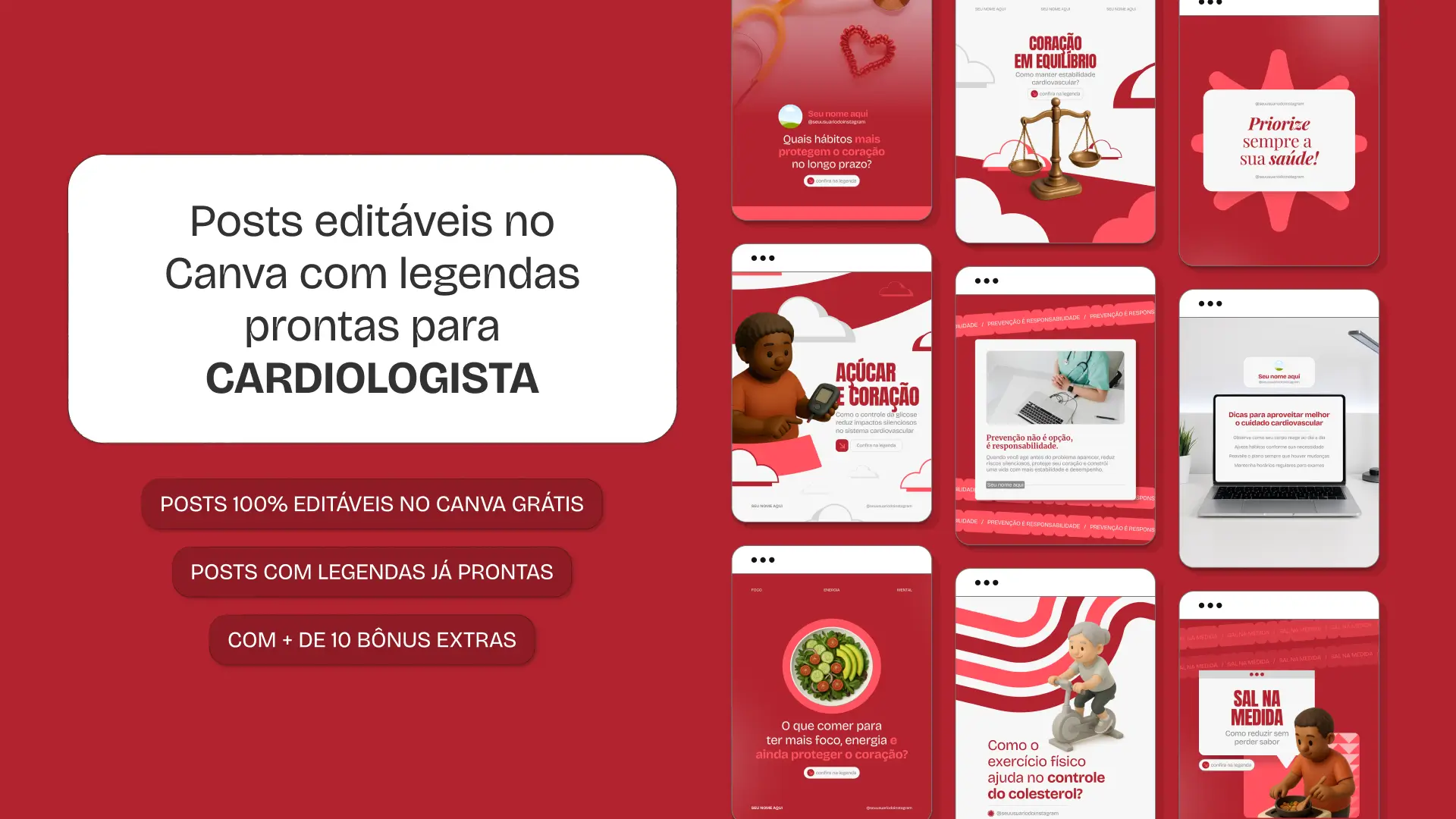 Pack de templates para Instagram em Canva para cardiologistas, com posts educativos sobre sinais de alerta, acompanhamento clínico e reabilitação cardíaca. Ajuda a reforçar autoridade, engajar seguidores e manter perfil profissional.