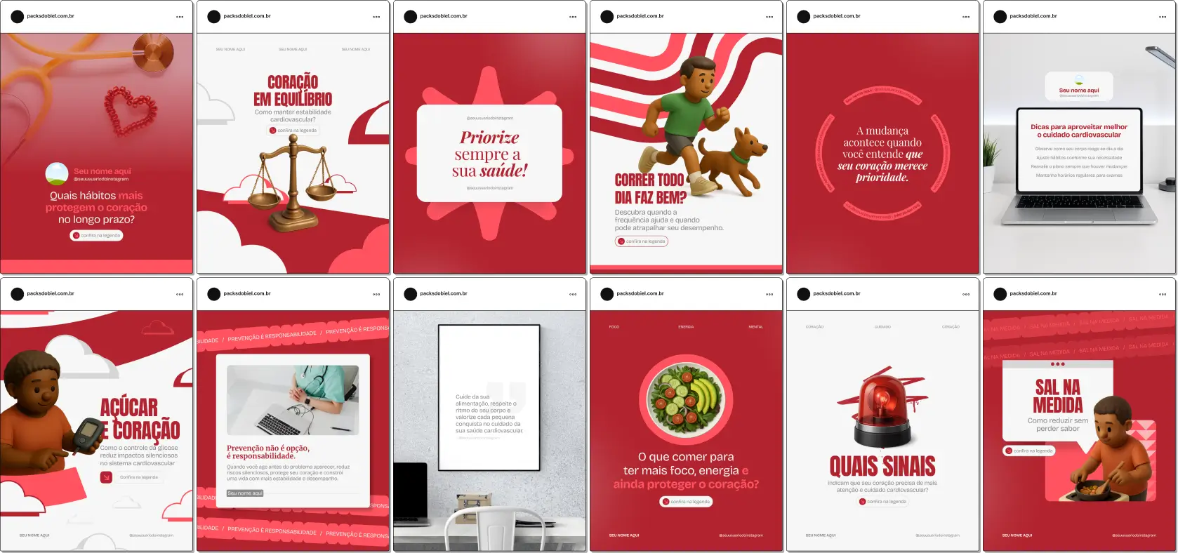 Pack de posts e templates editáveis no Canva para cardiologistas, com conteúdo educativo sobre prevenção cardíaca, hipertensão, exames e cuidados do coração. Ideal para quem quer organizar o feed do Instagram, aumentar engajamento e transmitir profissionalismo.