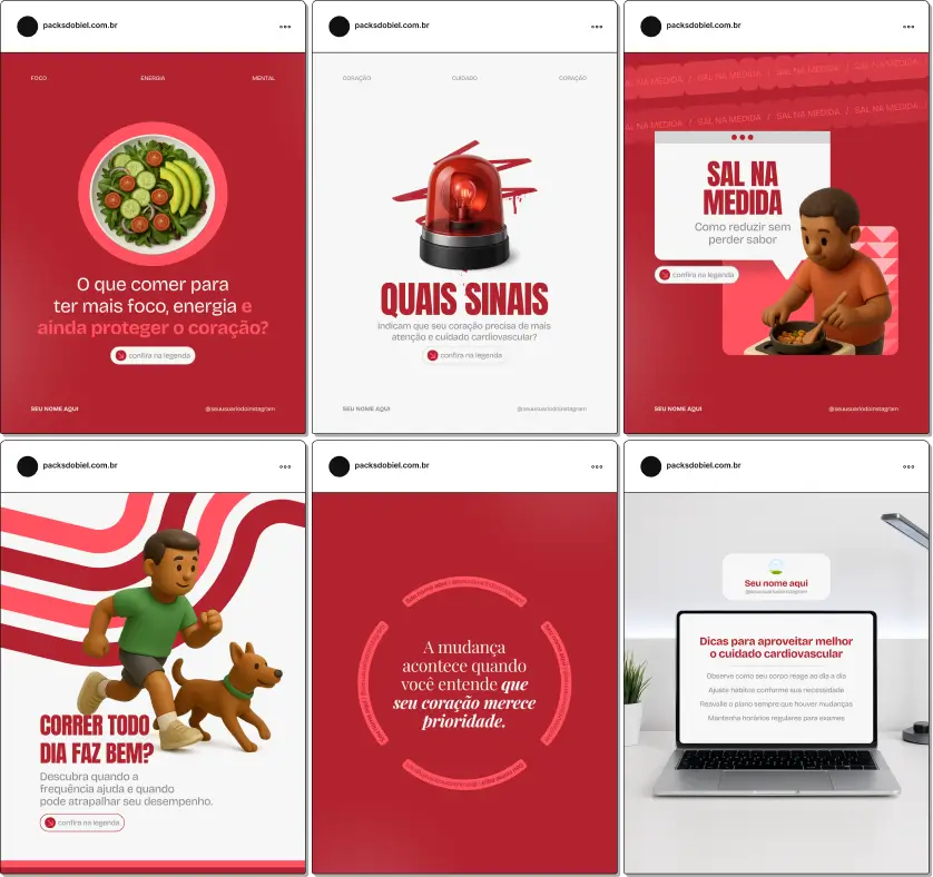 Pack de posts editáveis no Canva para cardiologistas que desejam explicar prevenção cardíaca, hipertensão, exames e cuidados com o coração, criando um feed educativo, confiável e visualmente organizado.