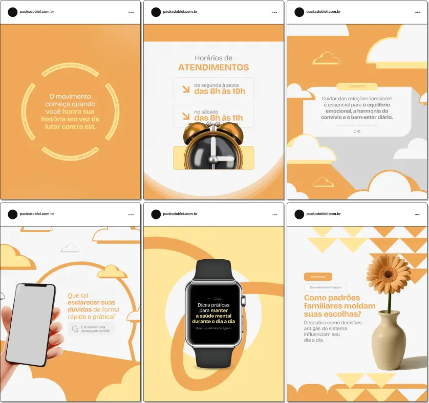 Pack de posts editáveis no Canva para terapeutas de Constelação Familiar, usando palavras-chave como vínculo familiar, padrões de comportamento, relações saudáveis, autoconhecimento e orientação emocional. Ideal para fortalecer a presença digital com conteúdo educativo.