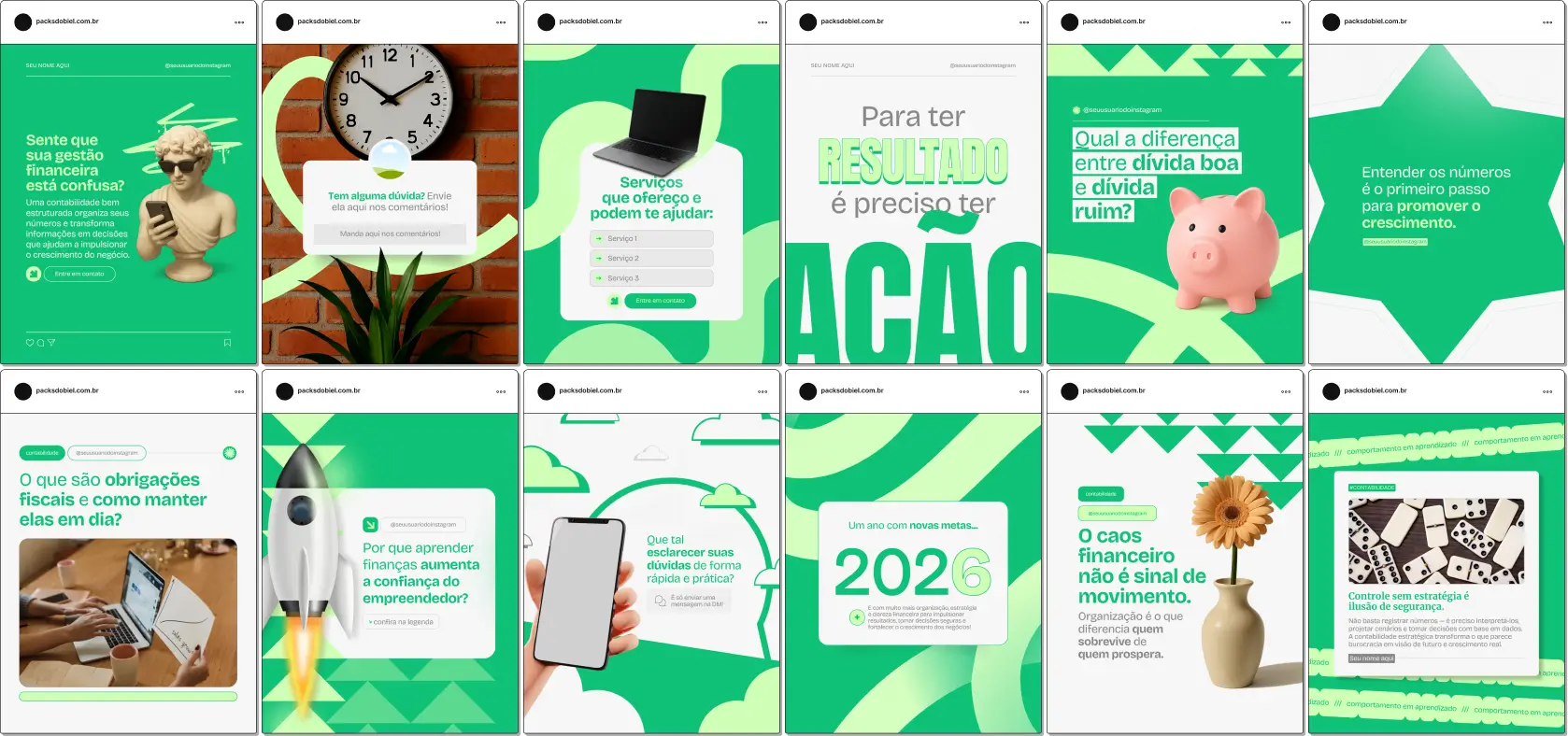 Pack Canva de Contabilidade com posts e templates editáveis para Instagram e redes sociais, ideal para contadores, escritórios contábeis e consultores financeiros que desejam melhorar o marketing digital, divulgar serviços e fortalecer a autoridade profissional online.