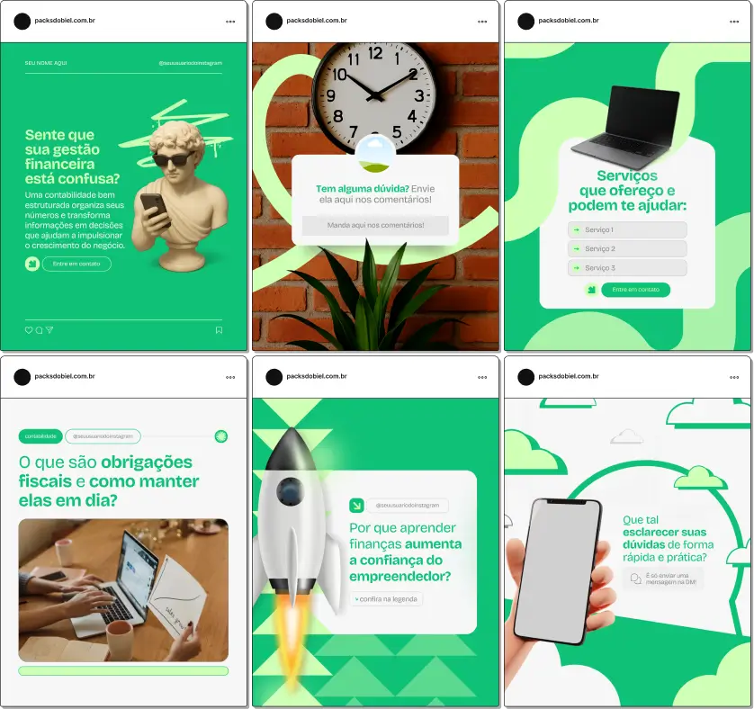 Kit de posts e templates para contadores no Canva, desenvolvido para padronizar o perfil do Instagram e transmitir credibilidade, com artes profissionais e personalizáveis para divulgar serviços, dicas e informações contábeis de forma visualmente atrativa.