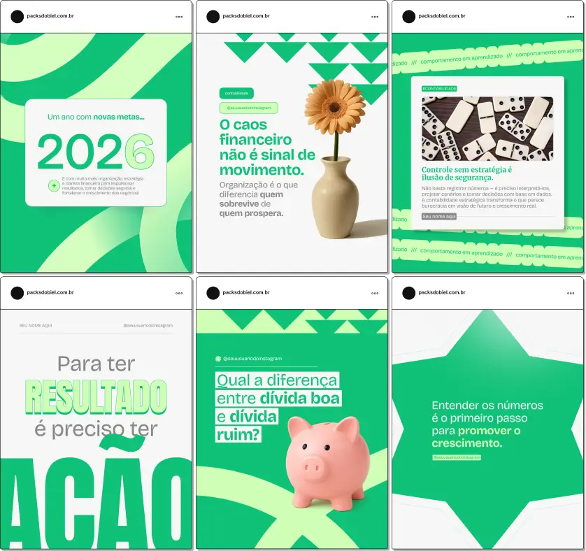 Imagem de um kit de posts e artes no Canva para Contabilidade, com design moderno e conteúdo voltado para redes sociais, perfeito para profissionais da área contábil que querem aumentar engajamento, organizar o perfil e destacar o escritório no Instagram.