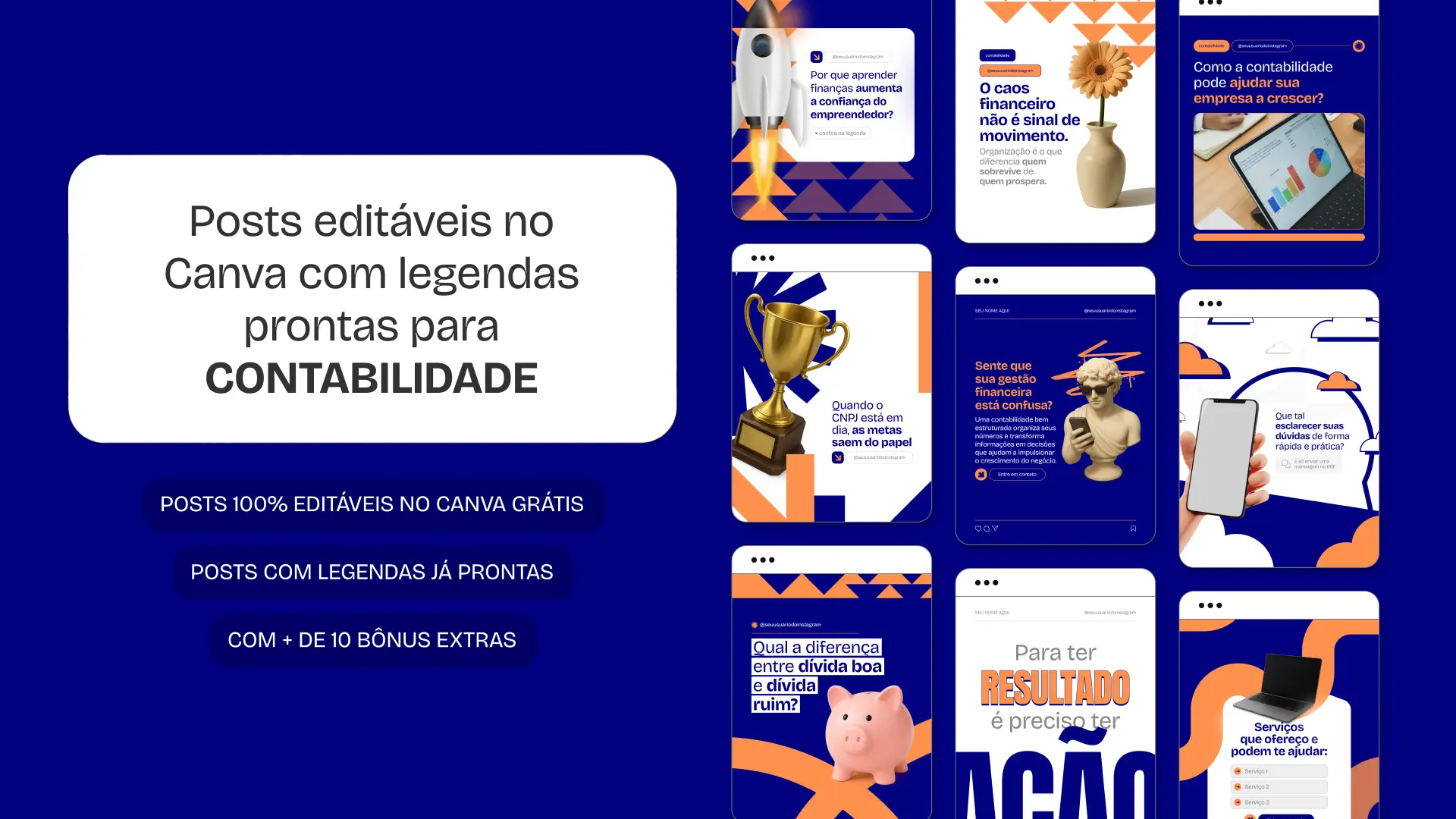 Artes de social media para Contabilidade, com posts, templates e conteúdos educativos no Canva sobre organização financeira, emissão de notas fiscais, IRPJ, MEI e planejamento tributário, ideais para contadores autônomos e escritórios contábeis que desejam educar o público e gerar engajamento qualificado nas redes sociais.