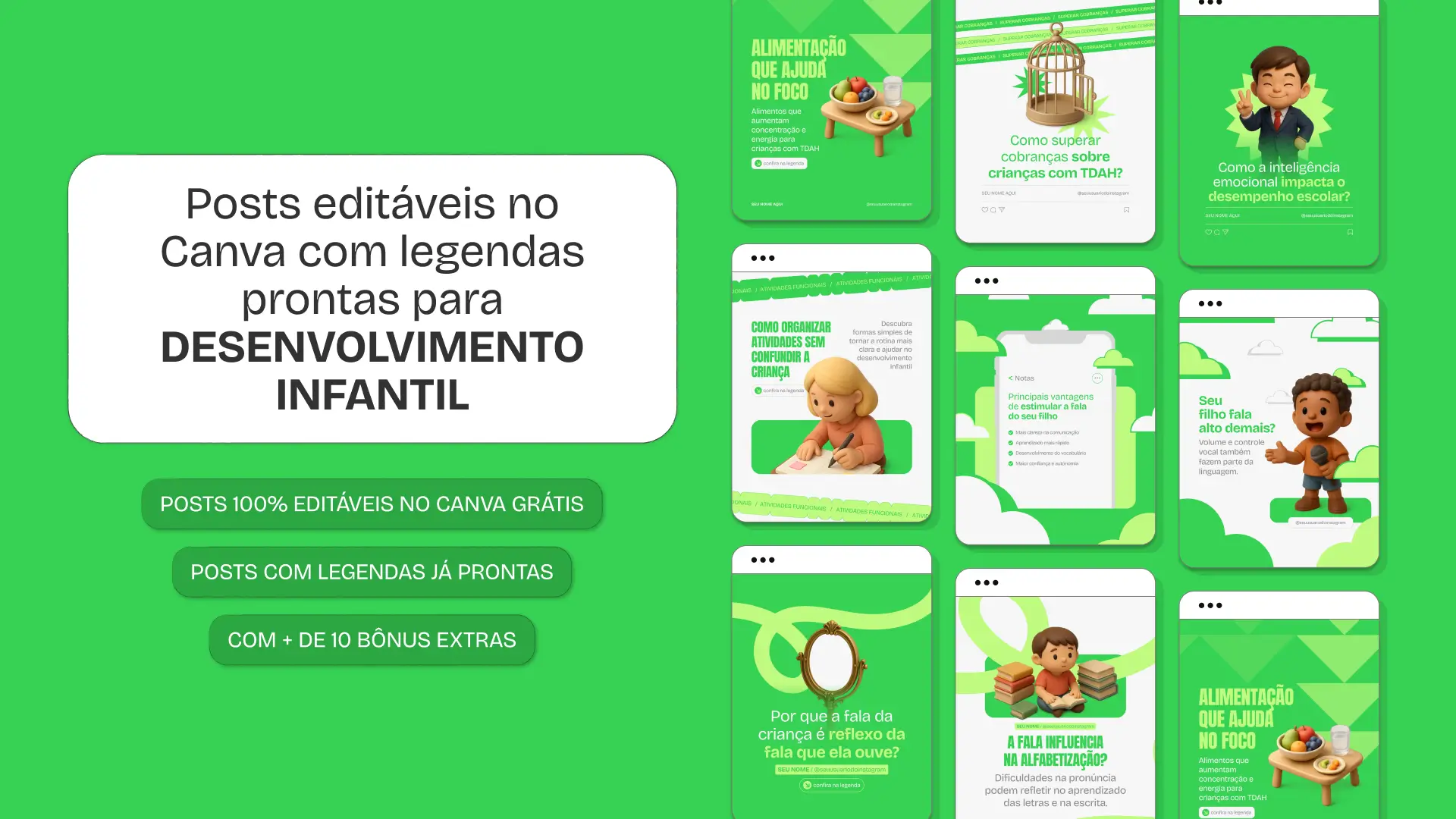 Pack de posts editáveis no Canva para desenvolvimento infantil, com conteúdos sobre marcos do crescimento, estímulos corretos, rotina e habilidades motoras, ideal para organizar o feed do Instagram e educar pais.