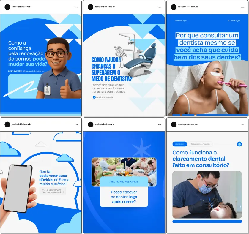 Pack de templates editáveis no Canva para Odontologia, voltado para conteúdos sobre check-up odontológico, limpeza, placa bacteriana, cáries e orientações para pacientes. Ajuda a manter o Instagram claro e com estética profissional.