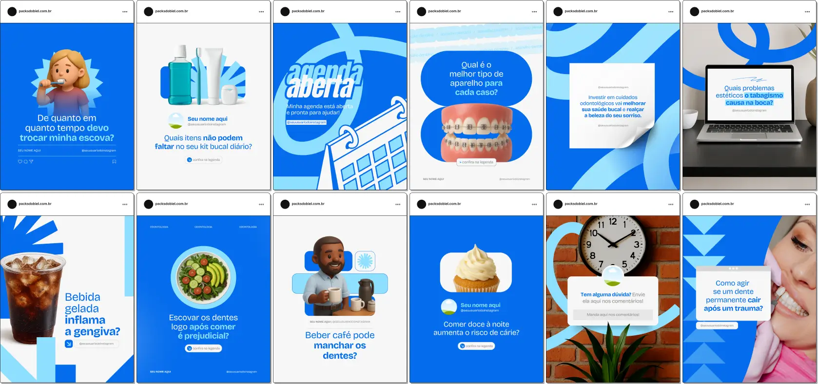 Pack de posts editáveis no Canva para Clínicas Odontológicas, com palavras-chave como saúde dos dentes, gengiva saudável, hábitos de cuidado e rotina de prevenção. Feito para quem quer um feed informativo, organizado e confiável.